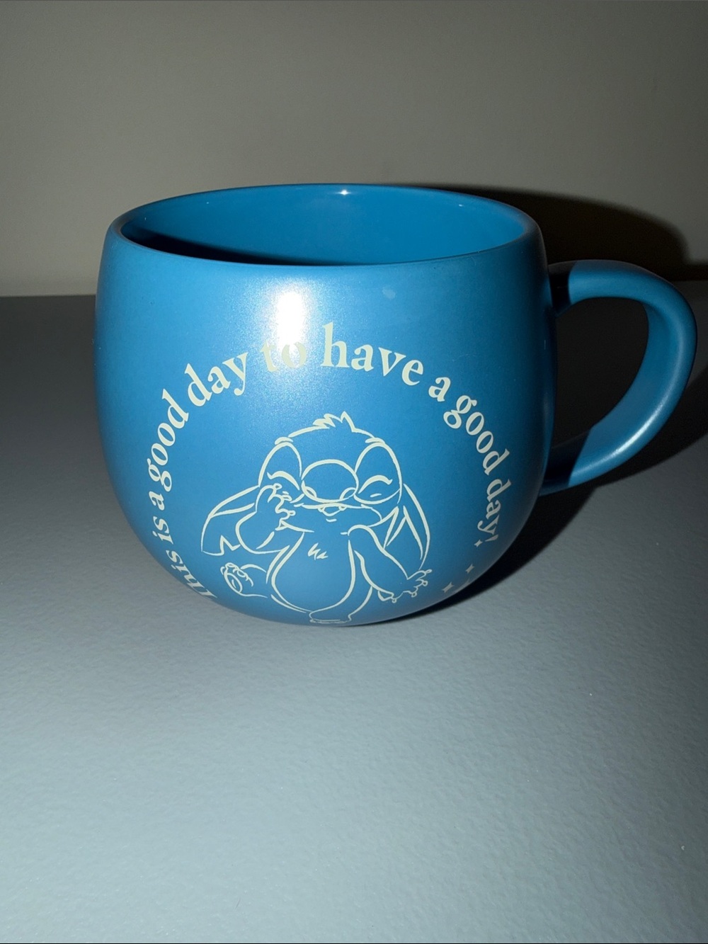 21 oz Disney Blue Ceramic Mug with Cream Cartoon Stitch Graphic